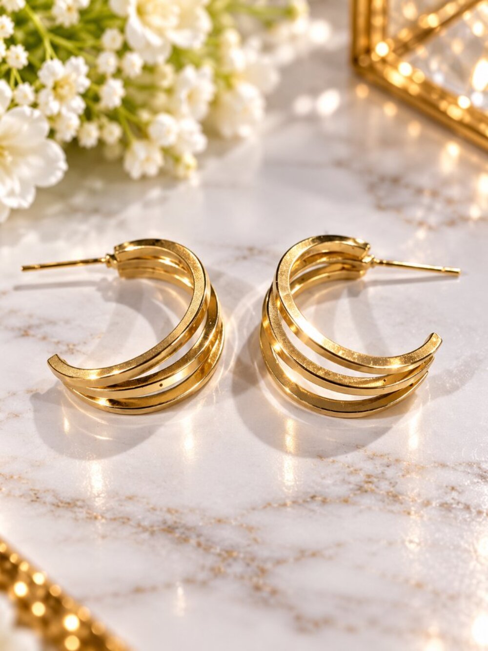 Gold Triple Band Hoop Earrings – Layered Open Hoops Statement Fashion Jewelry
